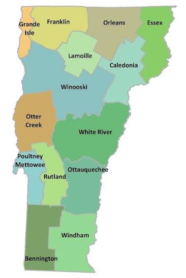 Map of Vermont's 14 Natural Resources Conservation Districts and the counties they serve